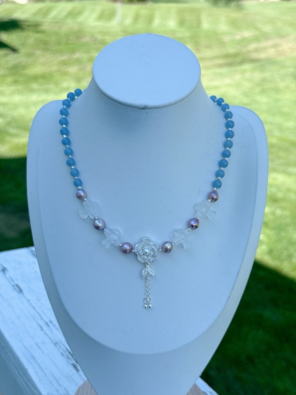 26X338 Handmade Freshwater Baroque Pearl Kyanite Clear Quartz Cross Necklace 18”
